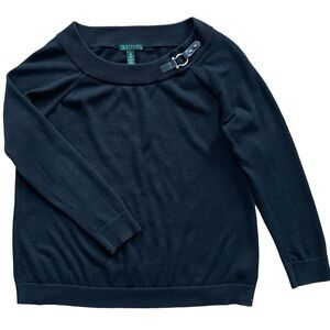 Ralph Lauren Black Buckle Boat Neck Sweater, 100% Cotton, 1X